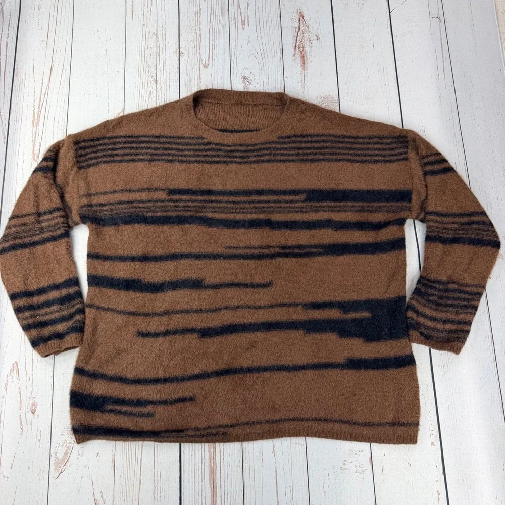Unbranded Brown Black Abstract Stripe Wool Blend Fuzzy Knit Sweater Mens XL